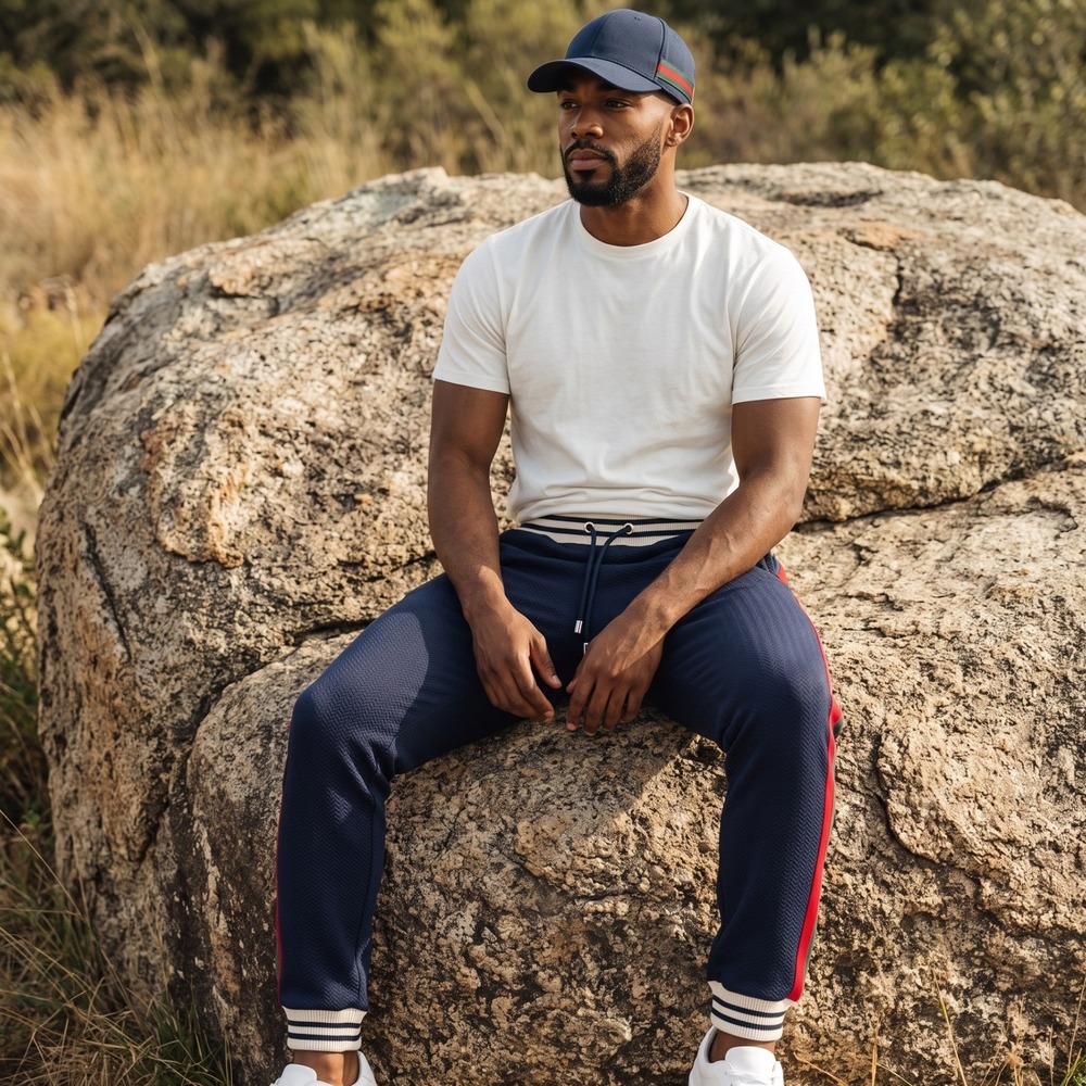 Iconic Mens Navy Blue Textured Side Stripe Jogger Pants L Guzi Cord SE 2302605